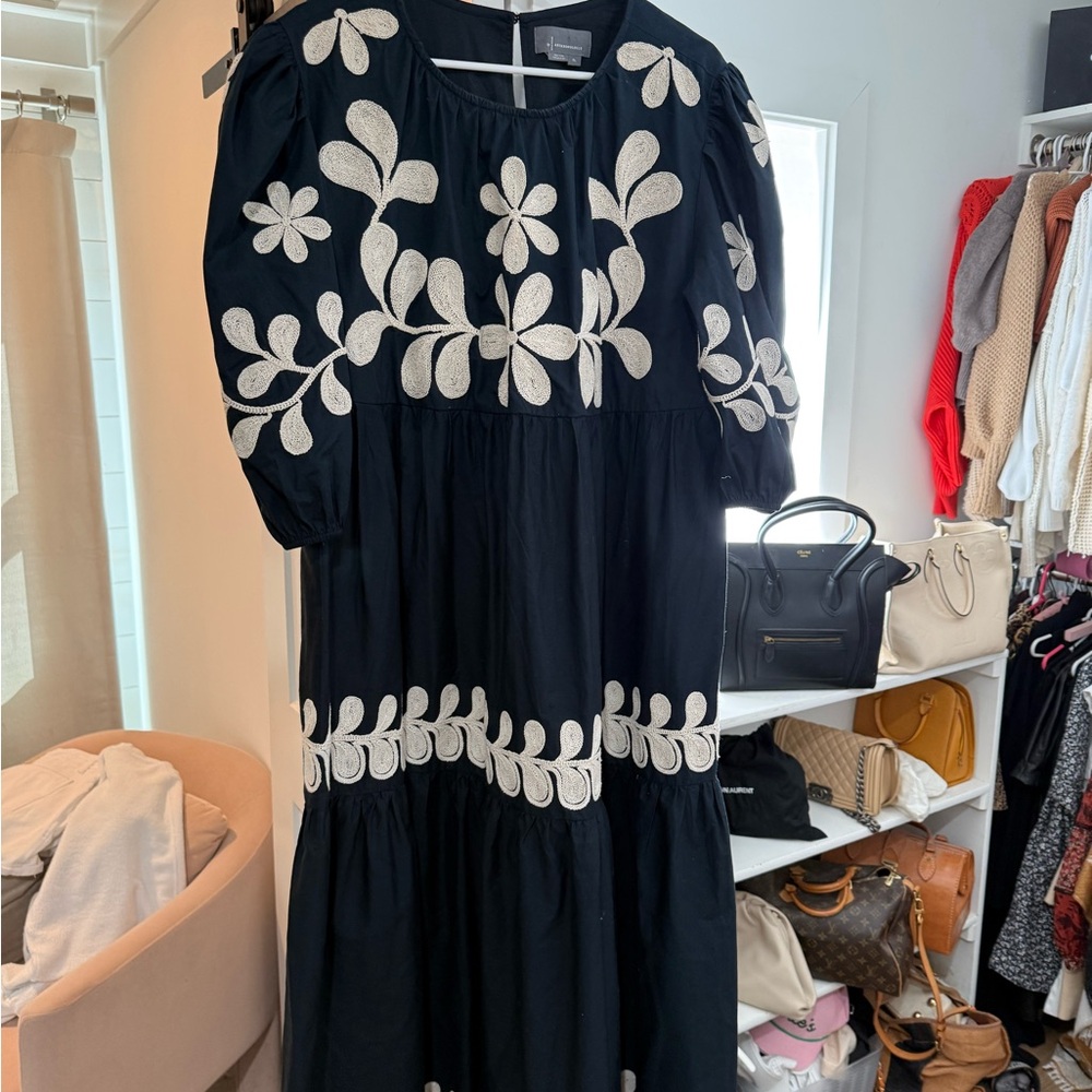 Anthropologie Black Maxi Dress with Cream Floral Embroidery